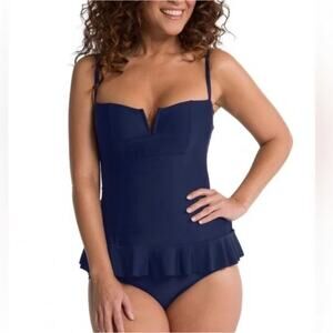 SPANX Navy Sculpting Peplum One Piece Swimsuit Size 8 Slimming Tummy Control